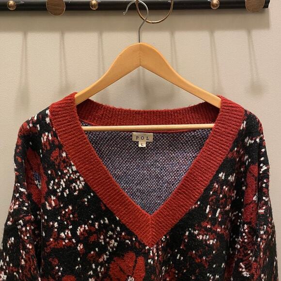 POL Oversized Knit Sweater | Floral Embroidery, Balloon Sleeves, Black, NWOT, L - Picture 7 of 9